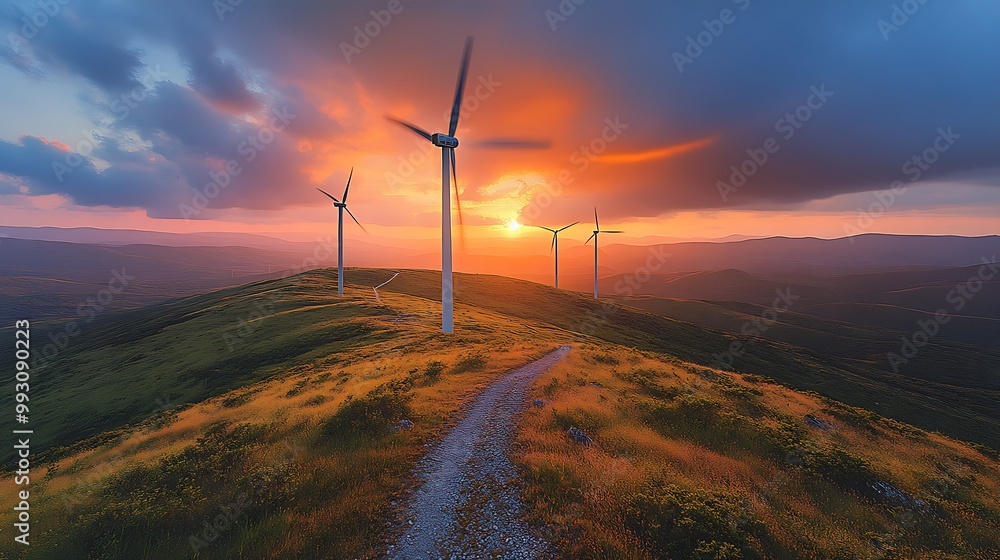 Obraz premium Wind turbines standing tall on a grassy hill against a vibrant sunset, blades slowly turning, symbolizing clean energy, warm orange hues blending with the landscape,