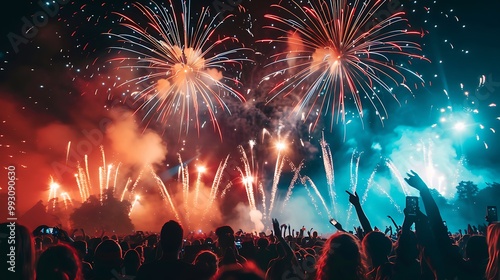 Fireworks Display Over Crowd of Silhouettes at Night - Photo photo