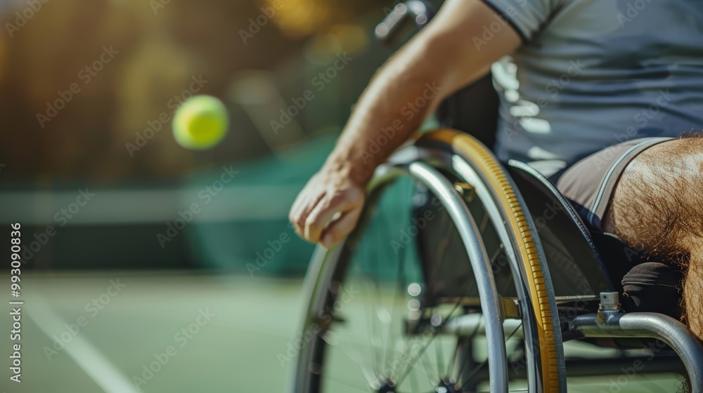 Obraz premium People in a wheelchair is pictured with a tennis racket and ball on an outdoor tennis court