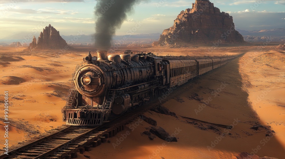 Fototapeta premium A steam train travels across a vast desert. The image evokes a sense of isolation and adventure, ideal for depicting themes of travel or exploration.