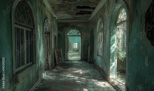 A decaying  green hallway in a haunted house.