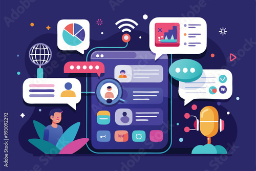 This design showcases a customizable voice chat app with engaging flat illustrations, highlighting multiple features, Customizable voice chat with semi flat illustrations.