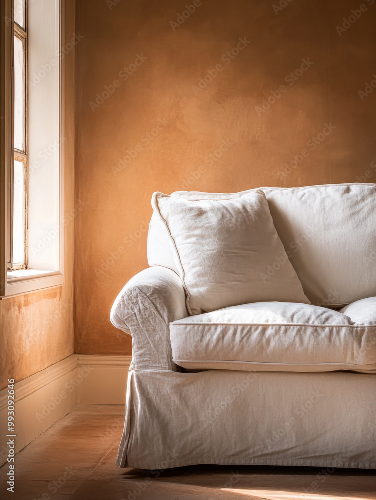 Fototapeta premium Cozy white sofa positioned against a warmly colored wall in a sunlit room with natural light streaming in