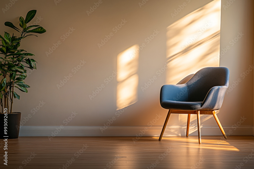 Fototapeta premium A cozy blue armchair bathed in warm sunlight in a minimalist living room with a potted plant