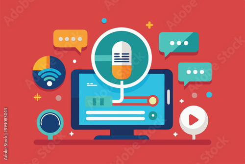 A vibrant illustration showcasing a customizable voice interface with interaction tools and elements, Customizable voice interface with semi-flat illustration.