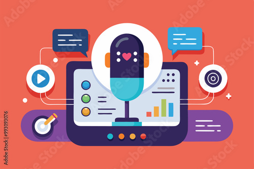 This design showcases a voice interface surrounded by colorful graphics and interactive elements, Customizable voice interface with semi-flat illustration.