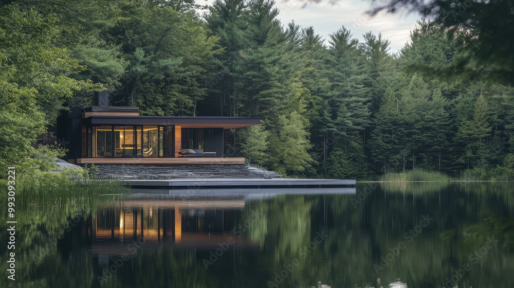 Obraz premium Contemporary vacation home on a tranquil lake with a private dock and surrounding forest