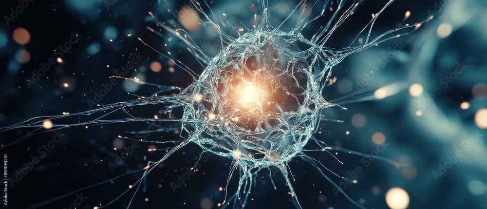 A glowing, intricate cell with web-like extensions, set against a dark background, symbolizing biological complexity and life. A glowing, intricate cell with web-like extensions, set against a dark background, symbolizing biological complexity and life.