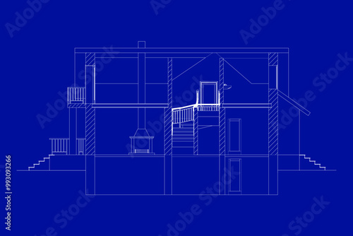 Best interesting architectural background. Cross-section suburban house. Vector blueprint.