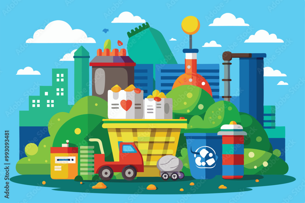 Naklejka premium A vibrant depiction showcasing waste management efforts in a city with recycling bins and trucks, Customizable waste management illustration