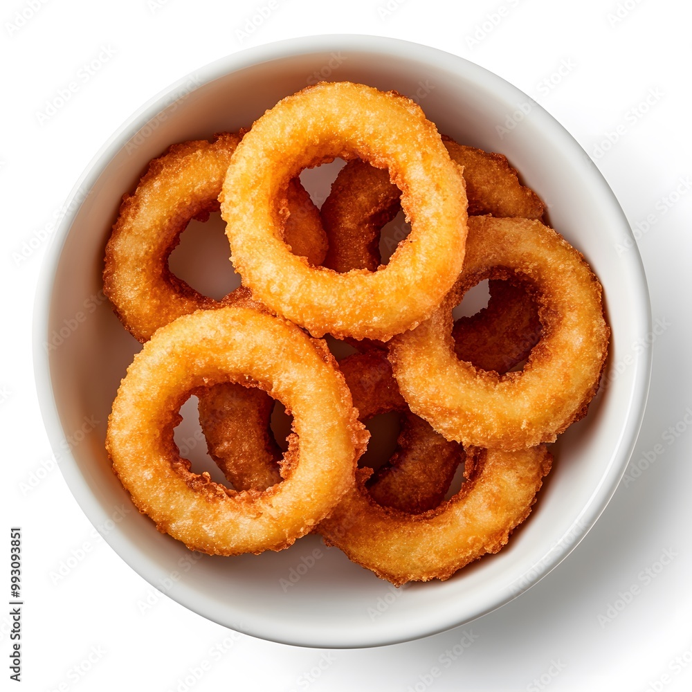 Crispy Golden Onion Rings in White Bowl Fast Food Snack Appetizer Crispy Golden Onion Rings in White Bowl Fast Food Snack Appetizer
