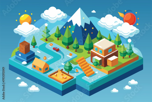 The illustration features a vibrant isometric landscape with mountains, rivers, and various weather elements, Customizable weather illustration in isometric style.