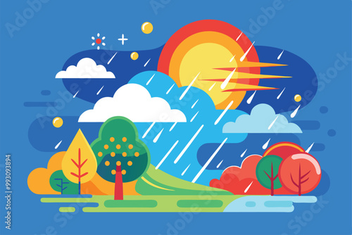 A colorful depiction of changing weather, featuring sun, clouds, and rain over a lush countryside, Customizable weather illustration that is disproportionate.