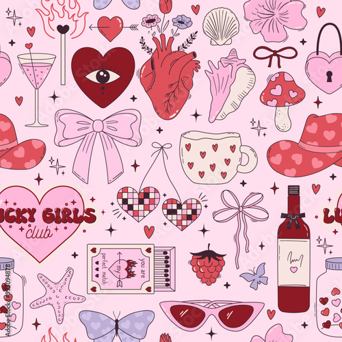 Seamless vector pattern with y2k pink girly stickers. Cute cowboy hat, bow, heart, matches, shell, cup on background. Trendy coquette texture in 2000s aesthetic