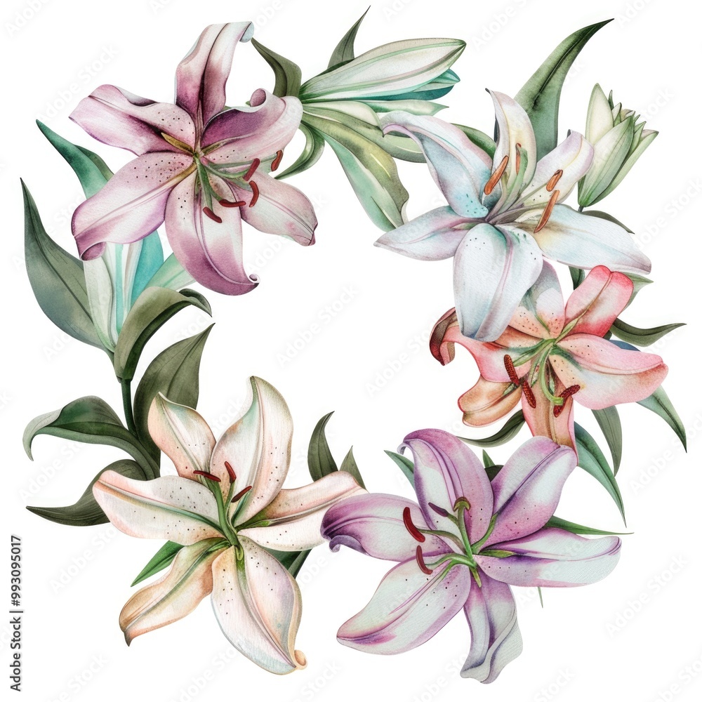 Φωτογραφία Elegant Floral Wreath of Vibrant Pink and Red Lilies on White Background