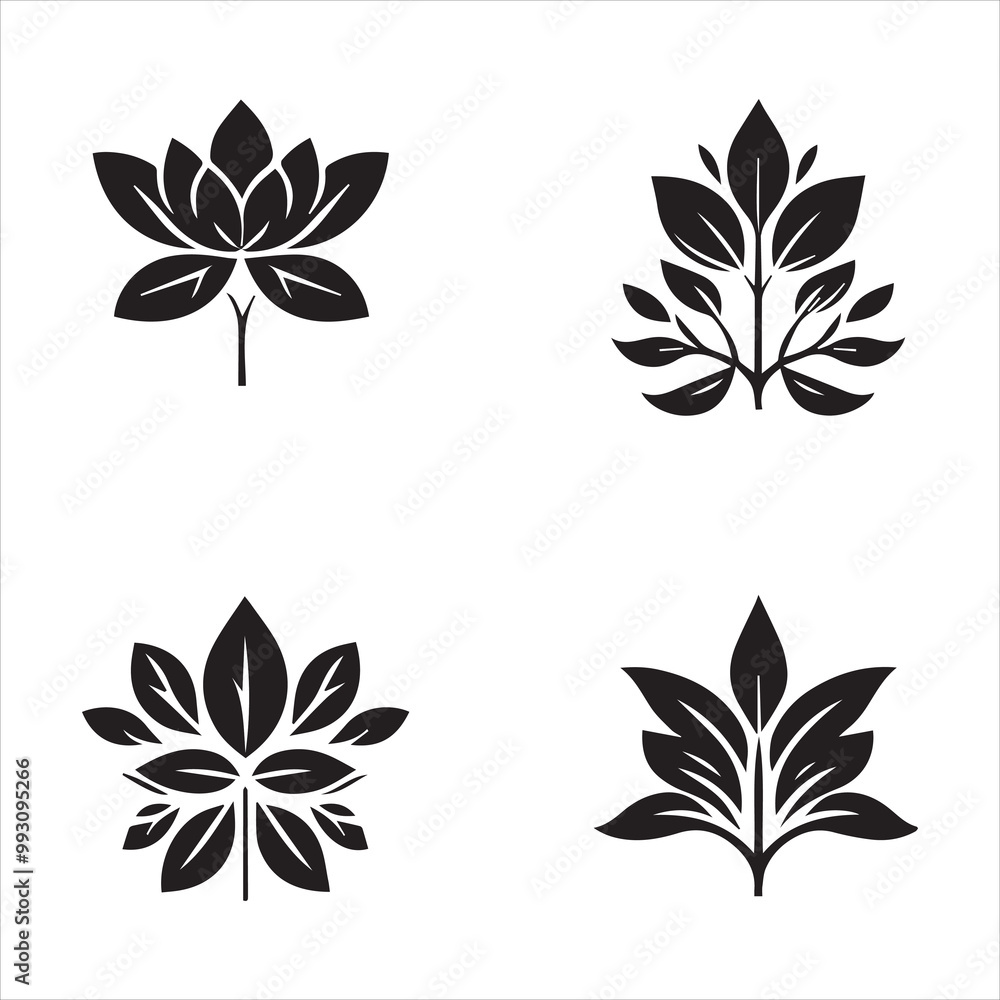Obraz premium Black and white vector floral elements featuring leaves, plants, and a butterfly, perfect for spring or summer design illustrations