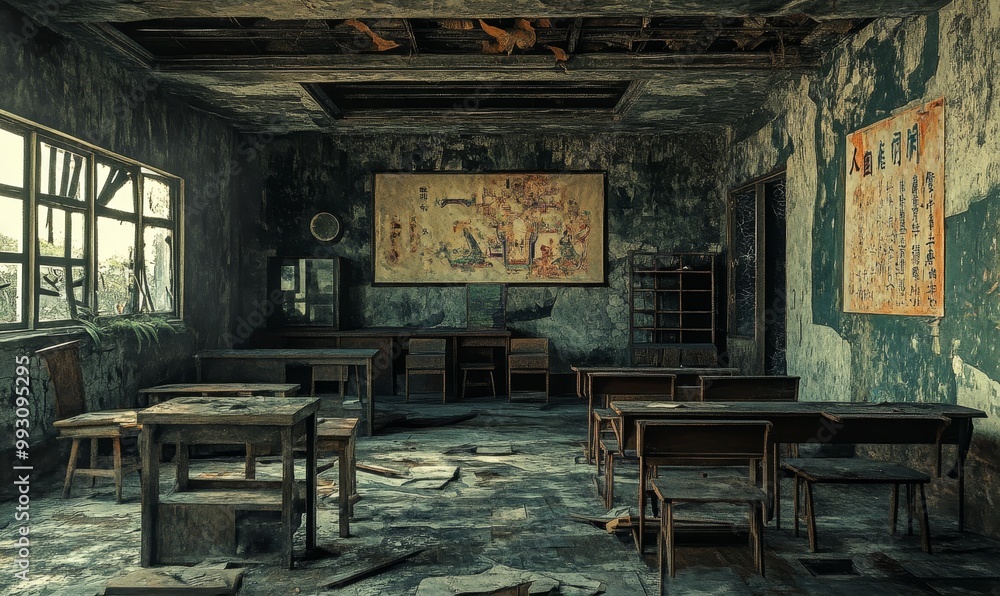 Abandoned classroom, desks and chairs, dusty, dark. Abandoned classroom, desks and chairs, dusty, dark.
