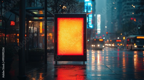 Illuminated Billboard Reflecting on Wet Pavement in Urban Setting