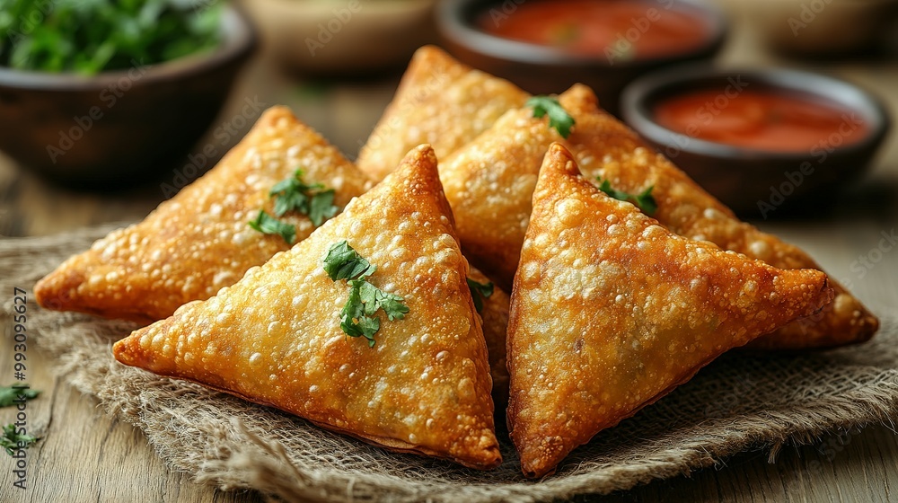 Golden Fried Samosas on Burlap with Parsley Garnish Golden Fried Samosas on Burlap with Parsley Garnish