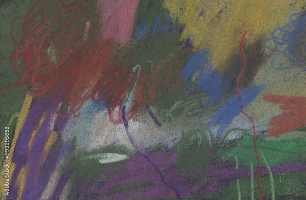 Naklejka premium Abstract art texture. Pastel drawing for banner ads, poster design, cover album. Abstract crayon graphics on paper background. Expressive bright strokes and colorful spots. Artwork wallpaper.