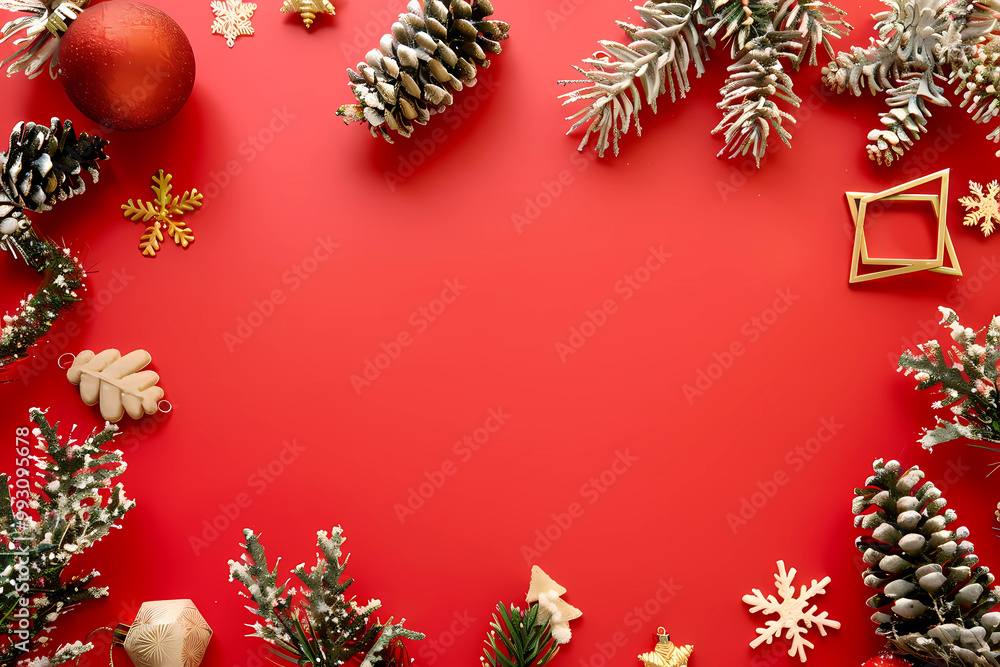 Creative christmas framei on red background. Xmas and New Year holiday, banner, postcard, invitation, celebration. Flat lay, top view Creative christmas framei on red background. Xmas and New Year holiday, banner, postcard, invitation, celebration. Flat lay, top view