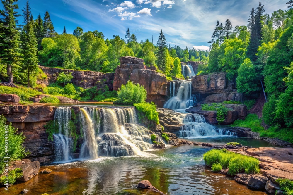 Fototapeta premium In summer, Gooseberry Falls State Park boasts stunning waterfalls enveloped by rich, lush greenery, offering an