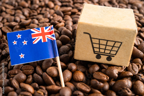 New Zealand flag with shopping cart on coffee bean, import export trade online commerce concept.