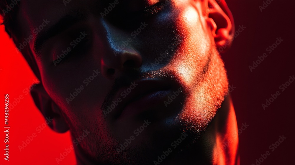 A man's face is shown in a red background A man's face is shown in a red background