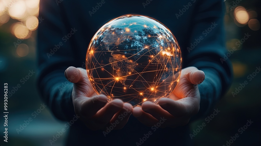 Fototapeta premium Glowing globe held in hands, showing global data connections.