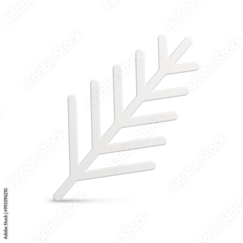 Realistic white frozen slim glossy vertical spruce branch with needle Christmas tree decorative design vector illustration. Premium shiny Xmas bauble artificial plant winter holiday decor 3d template