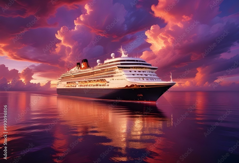 A large cruise ship sailing on the ocean at sunset, with dramatic clouds in the sky and the ship's reflection visible in the water A large cruise ship sailing on the ocean at sunset, with dramatic clouds in the sky and the ship's reflection visible in the water