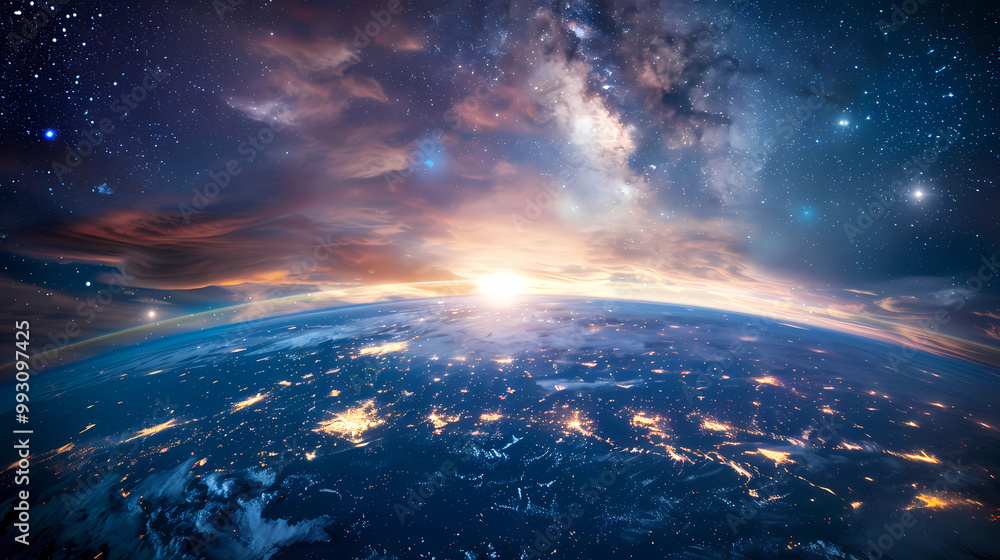 Panoramic view on planet Earth globe from space. Glowing city lights, light clouds. Panoramic view on planet Earth globe from space. Glowing city lights, light clouds.