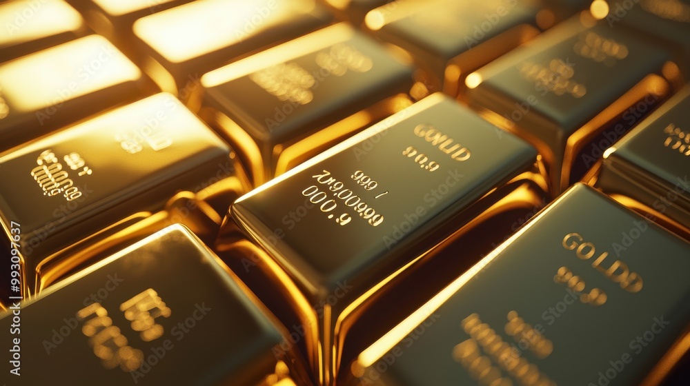 A close-up of gold bars stacked neatly, reflecting light in a luxurious display, gold bars, wealth and luxury A close-up of gold bars stacked neatly, reflecting light in a luxurious display, gold bars, wealth and luxury