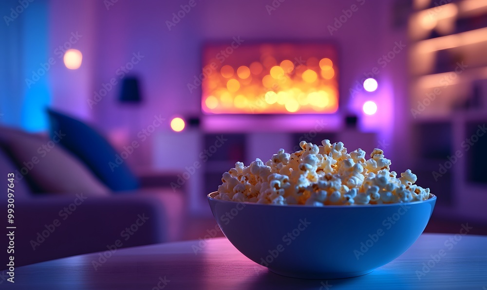 bowl of popcorn on table with neon illuminated home theater apartment, Generative AI bowl of popcorn on table with neon illuminated home theater apartment, Generative AI
