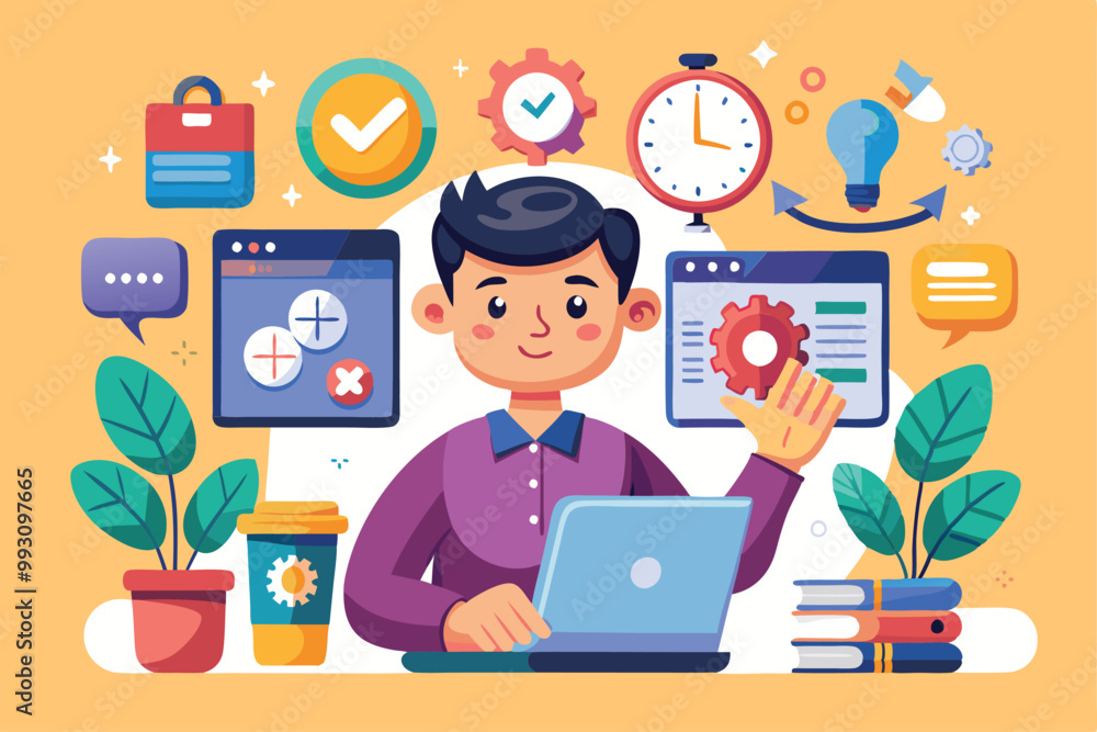 A young man sits at a desk using a laptop, surrounded by colorful icons representing tasks and productivity, Customize and save time with cartoon illustrations. A young man sits at a desk using a laptop, surrounded by colorful icons representing tasks and productivity, Customize and save time with cartoon illustrations.