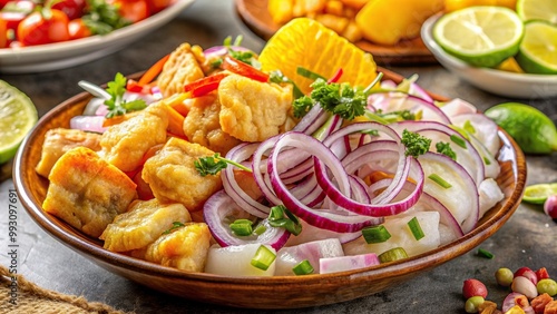 ditional Peruvian dish called Ceviche and Chicharron Caretillero featuring perfectly marinated chunks of raw fish tangy citrus juices diced onions sliced hot peppers and crispy deep fried pork rinds photo