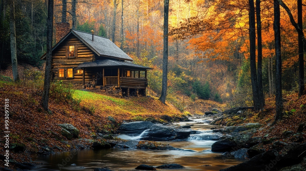 Cozy cabin in a dense forest with a peaceful stream running nearby and autumn foliage Cozy cabin in a dense forest with a peaceful stream running nearby and autumn foliage