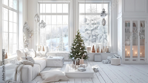 Stylish Christmas scandinavian minimalistic interior with white decor. 
