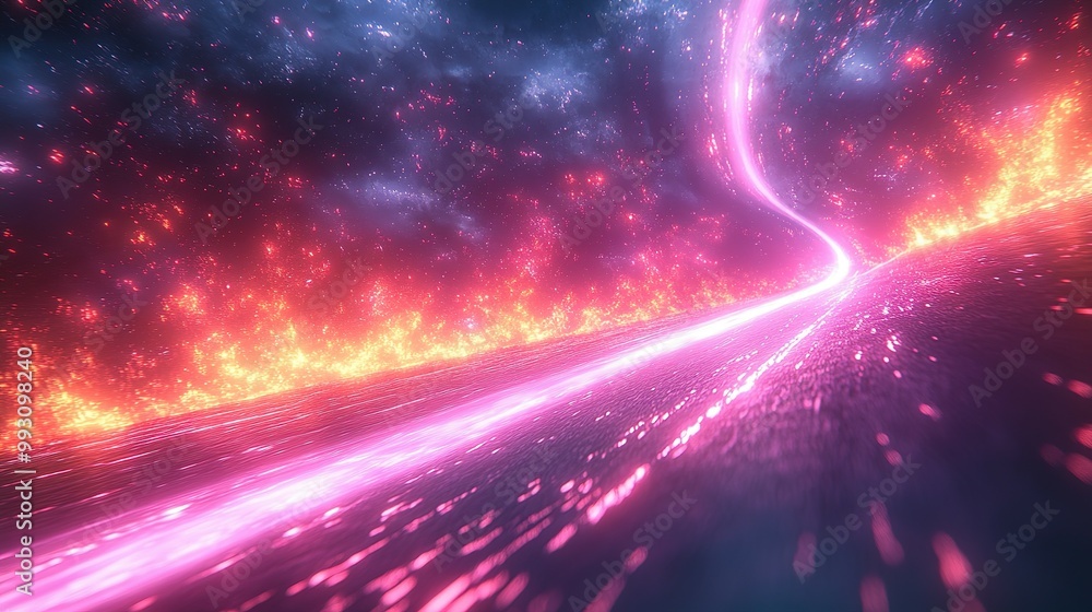 A bright pink light trail through a galaxy of twinkling lights. A bright pink light trail through a galaxy of twinkling lights.