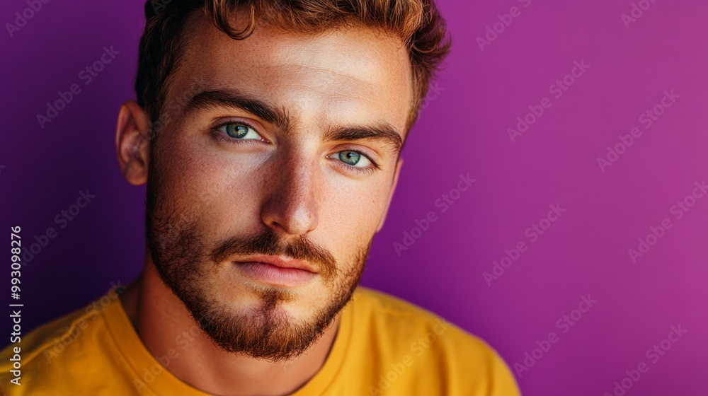 Obraz premium A man with a beard and blue eyes is wearing a yellow shirt