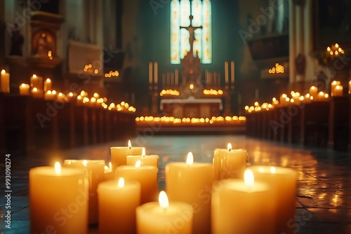 Glowing Candles Illuminate Church Interior Photo