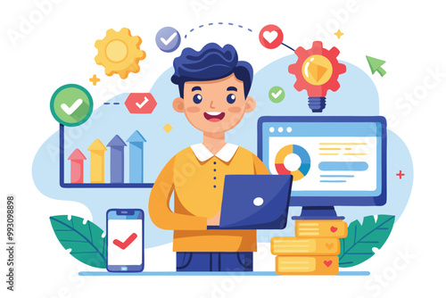 A cartoon character is happily working on a laptop while surrounded by colorful charts and data graphs, Customize cartoon illustrations to optimize conversion rates.