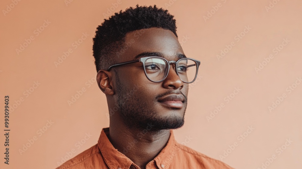 Fototapeta premium A man with a shaved head and glasses is standing in front of a pink background