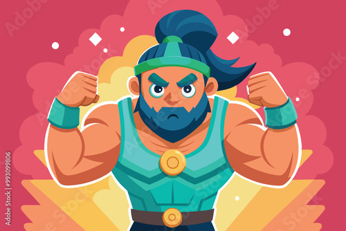 A cartoon warrior showcases strength with flexed muscles, surrounded by a vibrant and lively backdrop, Customize your cartoon illustration with Focus. photo