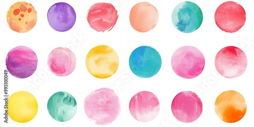 Bright watercolor circles on a white background.