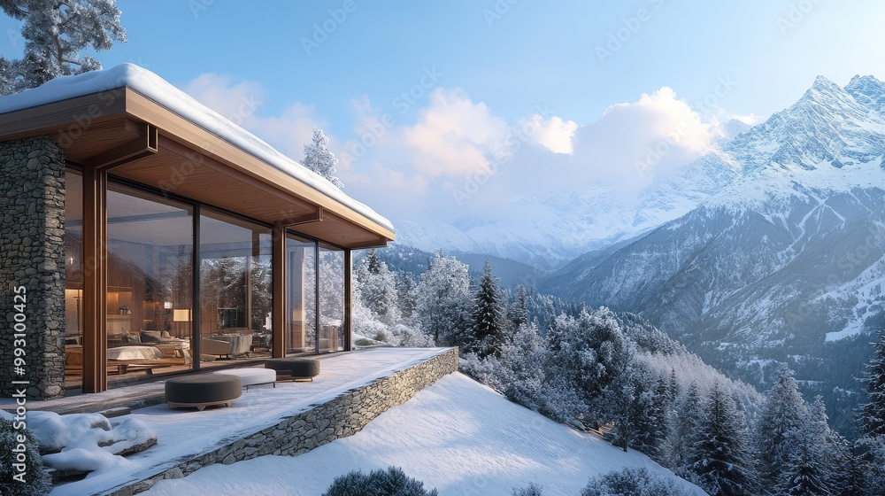 Cozy mountain retreat in a snowy landscape with panoramic views of snow-capped peaks