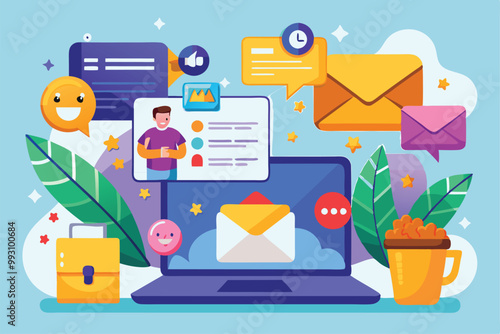 A vibrant display features a laptop surrounded by cartoon messages, icons, and envelopes enhancing your inbox, Customize your inbox with cartoon illustrations.