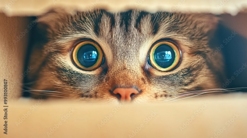 Curious cat peeking through a cardboard box with wide eyes Curious cat peeking through a cardboard box with wide eyes