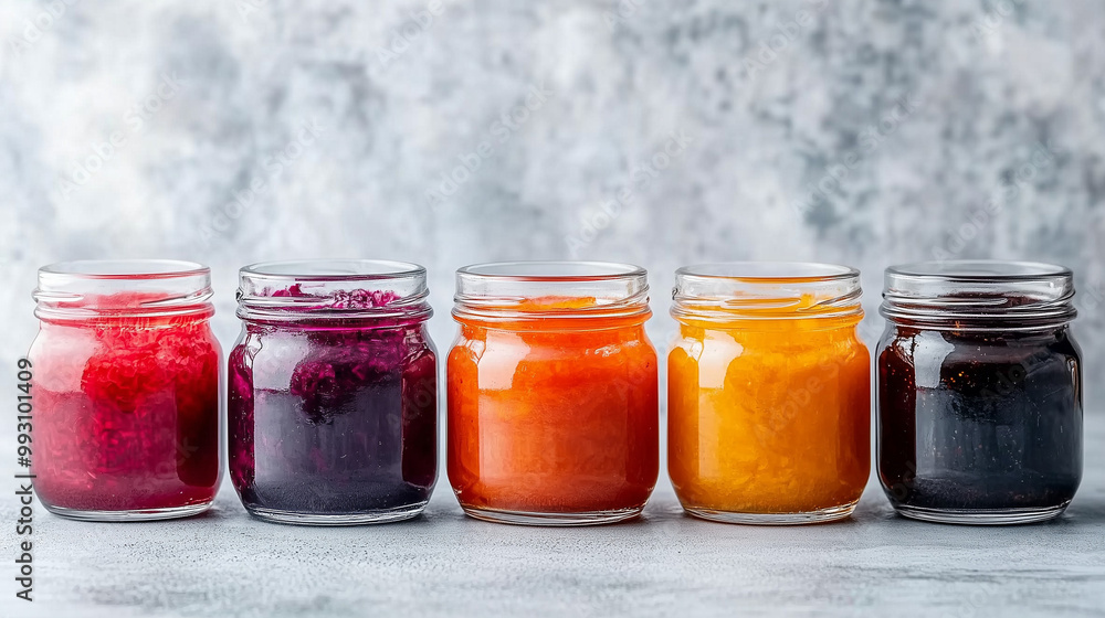homemade fruit preserves in glass jars colorful jam collection against gray background homemade fruit preserves in glass jars colorful jam collection against gray background
