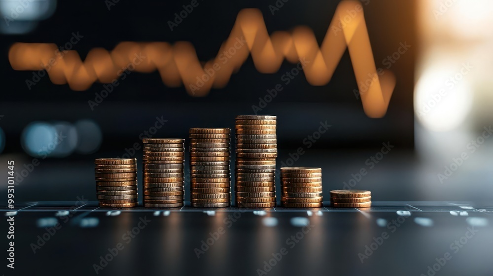 Stack of coins rising above others on financial chart, dominance, competitive advantage, financial success Stack of coins rising above others on financial chart, dominance, competitive advantage, financial success